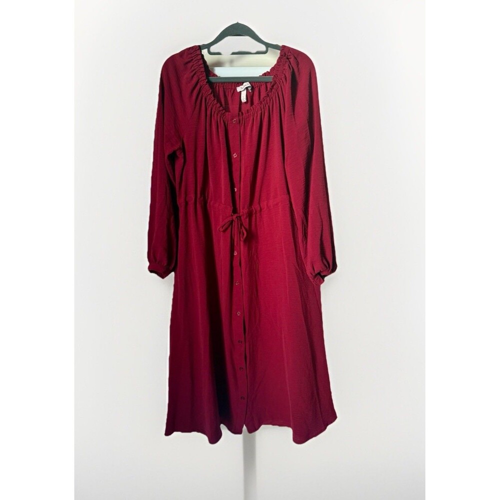 Harlow And Rose Dress Large Burgundy Shirt Dress Long Sleeve Midi Drawstring